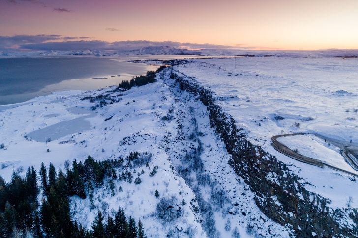 An aerial view of snow in Thingvellir National Park