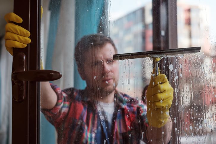 Man cleaning windows on a cloudy day
