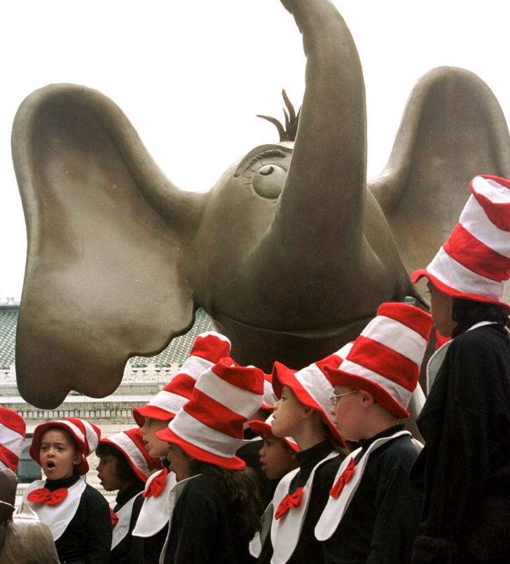 406079 02: Elementary school children, the Springfield Schools Seuss Singers perform in front of a bronze Horton the elelphant statue at the opening the Dr. Suess memorial sculpture garden May 31, 2001 in Springfield, MA.