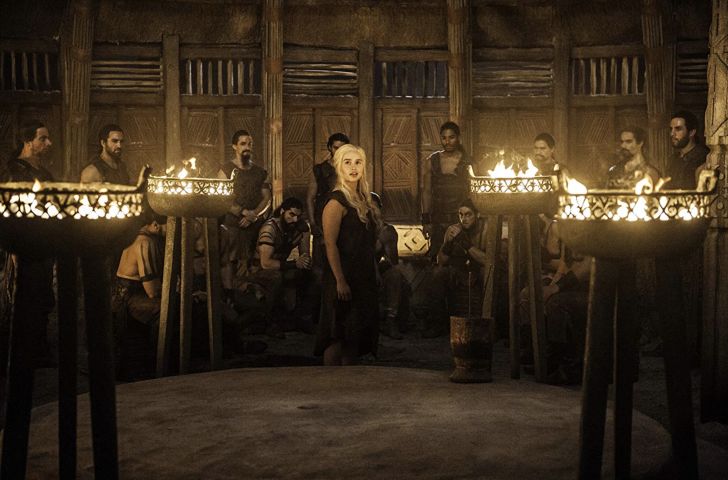 Joseph Naufahu, Tamer Hassan, Emilia Clarke, Elie Haddad, Darius Dar Khan, and Diogo Sales in Game of Thrones
