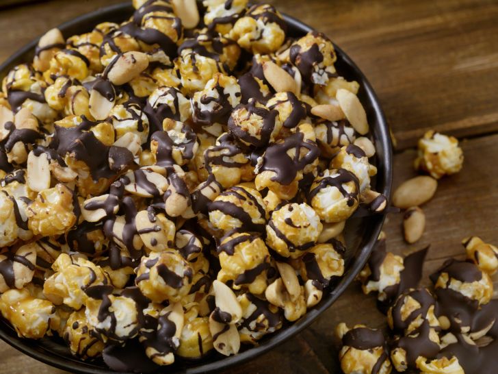 chocolate-covered popcorn in a bowl