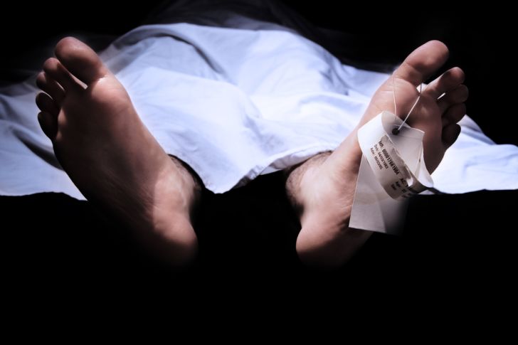 A corpse's foot with a toe tag at the morgue
