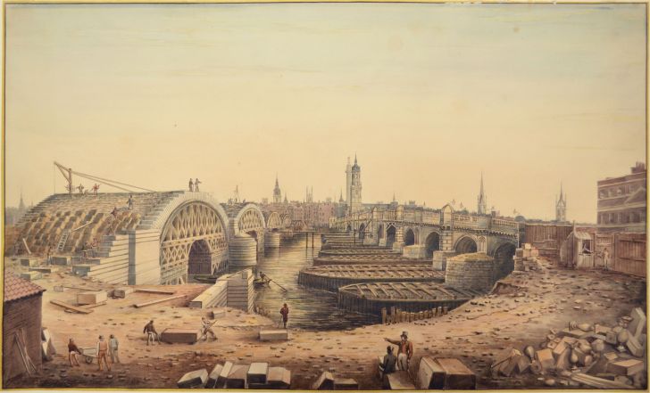 A painting of the old and new London Bridges