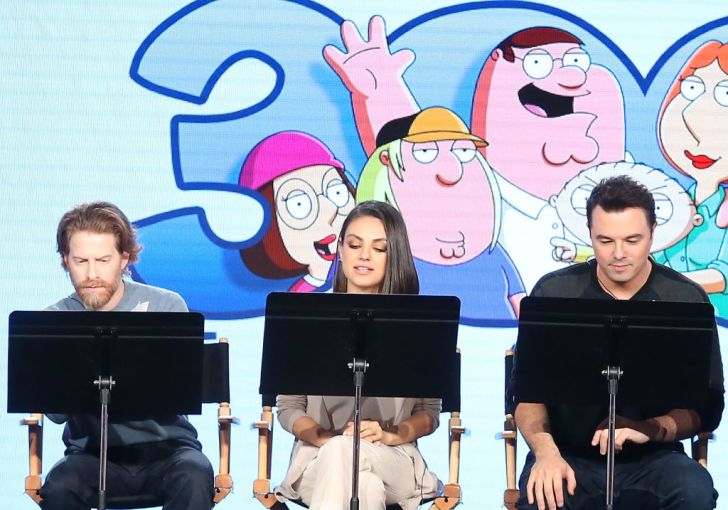 Actors Seth Green and Mila Kunis and creator/executive producer Seth MacFarlane of the television show Family Guy perform a live read onstage during the FOX portion of the 2018 Winter Television Critics Association Press Tour at The Langham Huntington, Pa