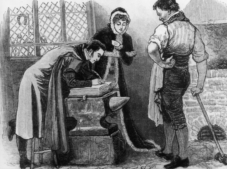 An eloping couple are married in the blacksmith's shop in the Scottish village of Gretna Green, the nearest place over the border where English people can take advantage of Scotland's more relaxed marriage laws