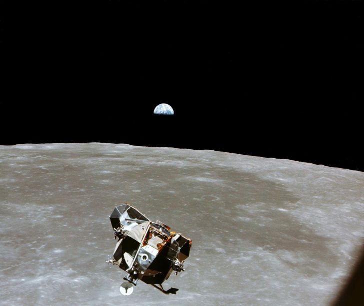 Lunar module over moon's surface.