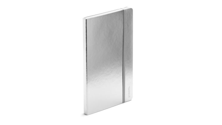 A shiny silver notebook