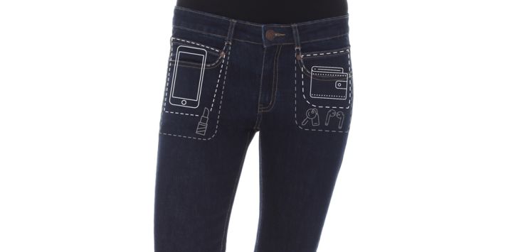 A pair of Radian Jeans with diagrams showing what can fit in the pants' front pockets