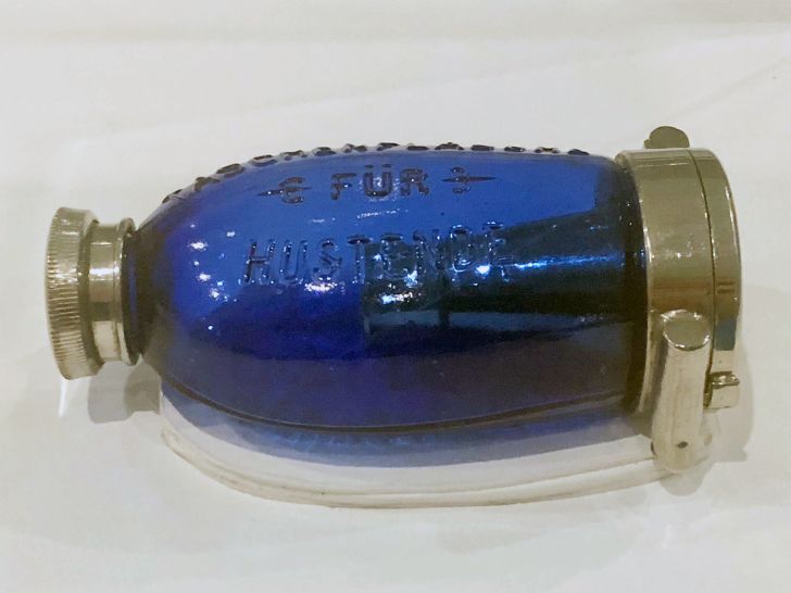 A blue sputum flask