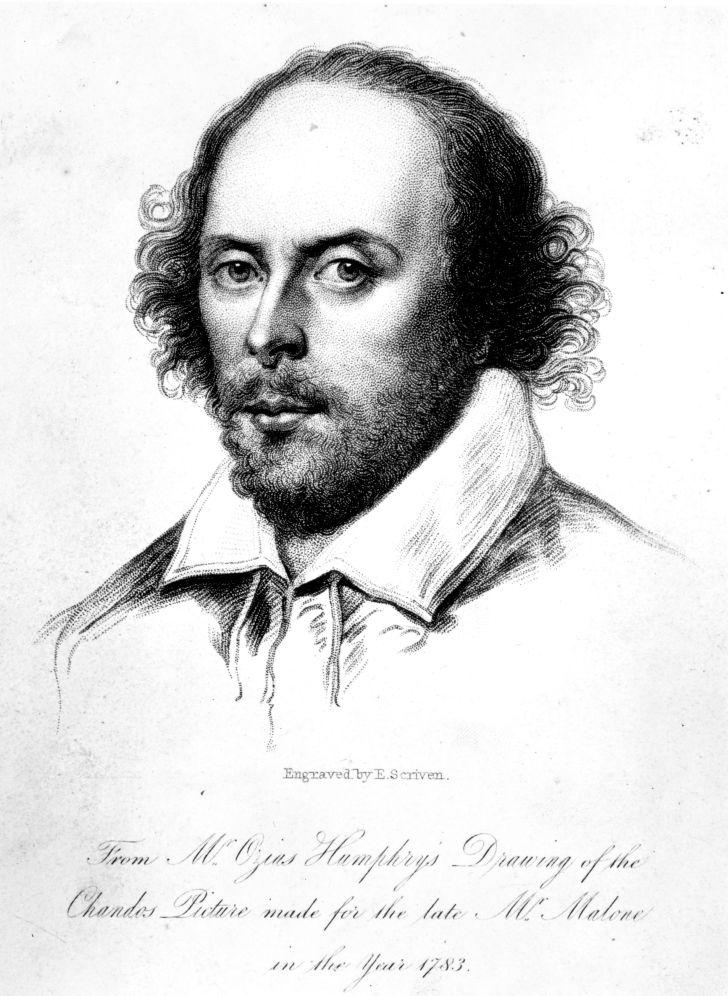 An engraving of Shakespeare by E Scriven, after Humphrey's drawing known as the 'Chandos portrait,' circa 1590.