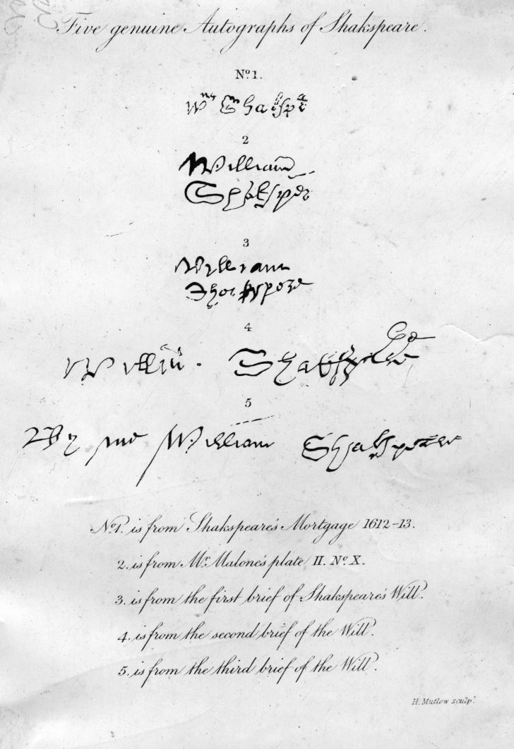 Five examples of the autograph of English playwright William Shakespeare, circa 1610.