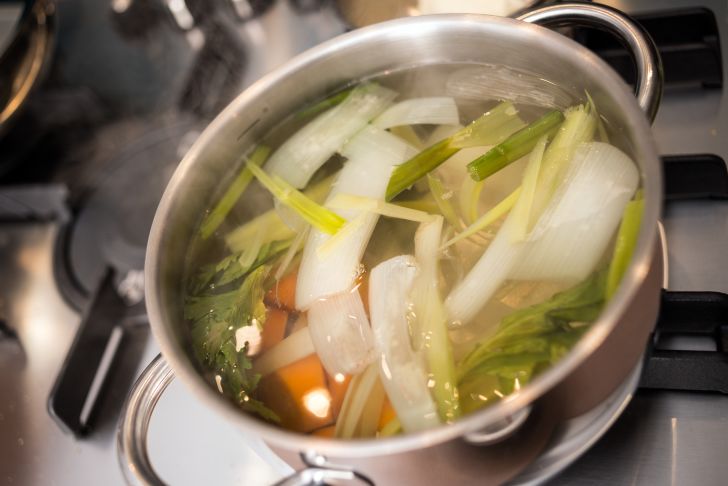 Vegetable stock in pot.