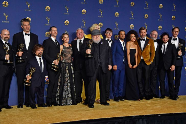 Cast and crew of Outstanding Drama Series winner 'Game of Thrones' pose in the press room during the 70th Emmy Awards at Microsoft Theater on September 17, 2018 in Los Angeles, California