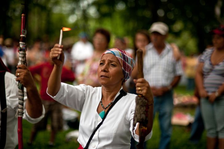 A Maya priestess conducts an autumn equinox ceremony at El Salvador's Cihuatan Archeological Park.