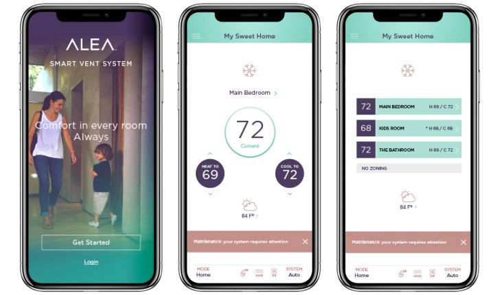 Screenshots of the Alea app showing temperature monitoring and adjustment functions