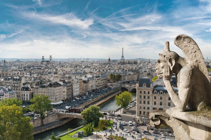 Gargoyle and wide city view from the roof of Notre-Dame