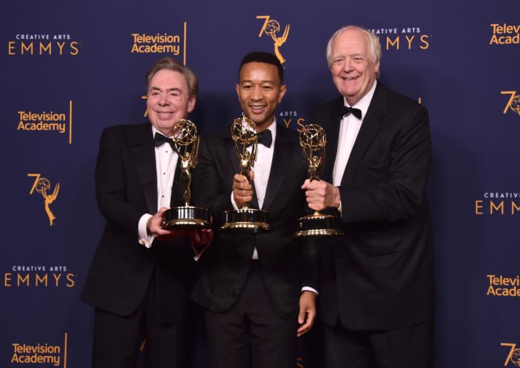 Sir Andrew Lloyd Webber, John Legend and Tim Price pose in the press room during the 2018 Creative Arts Emmys at Microsoft Theater on September 9, 2018 in Los Angeles, California