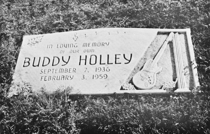 View of American rock and roll musician Buddy Holly's gravestone in Lubbock, Texas, 1975