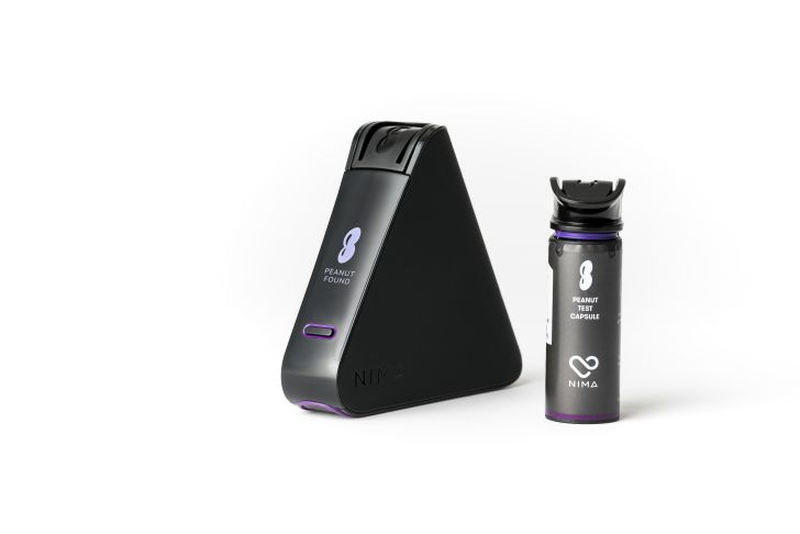 A product shot of the Nima peanut sensor and a test capsule