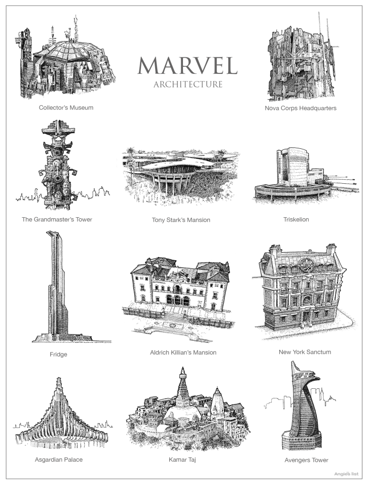 Sketches of fictional architecture.