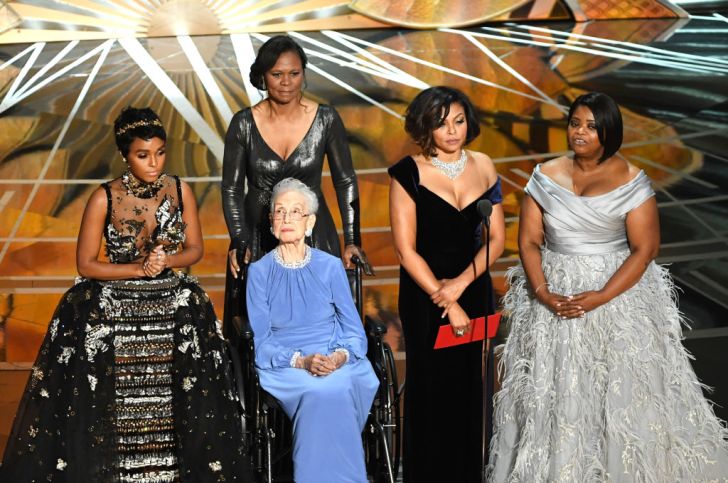 NASA mathematician Katherine Johnson (2nd L) appears onstage with (L-R) actors Janelle Monae, Taraji P. Henson and Octavia Spencer during the 89th Annual Academy Awards at Hollywood & Highland Center on February 26, 2017