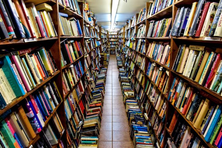 Long rows of books at a bookstore