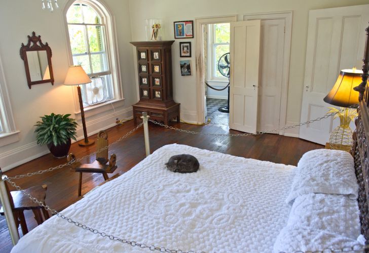 A cat sleeps on the bed at the home and museum of author Ernest Hemingway on February 18, 2013 in Key West, Florida, where Hemingway lived and wrote for more than ten years