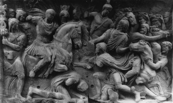 A Roman cavalry charge, a relief from the Arch of Constantine in Rome, circa 315 CE
