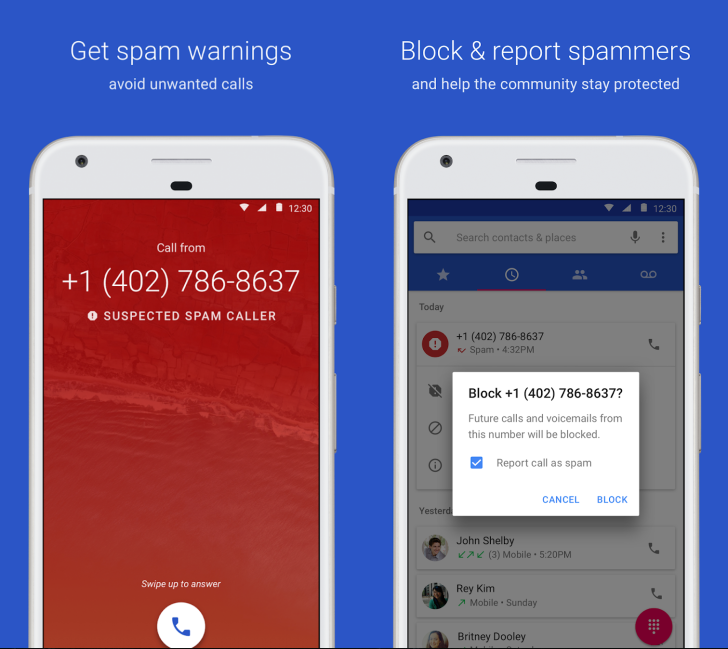 Two side-by-side screenshots of the Google Phone app showing a spam warning and blocking numbers