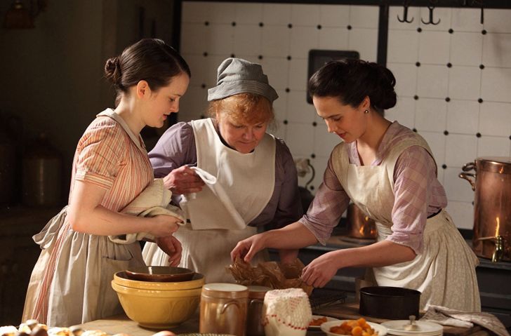 Lesley Nicol, Sophie McShera, and Jessica Brown Findlay in 'Downton Abbey'