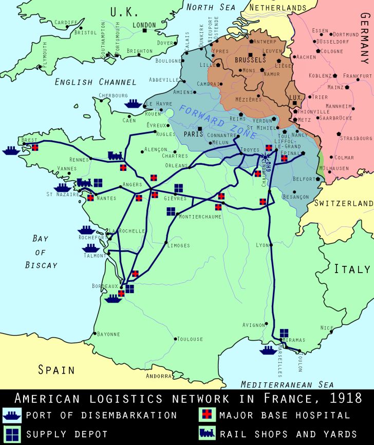 U.S. supply routes, spring 1918, World War I U.S. supply routes, spring 1918, World War I