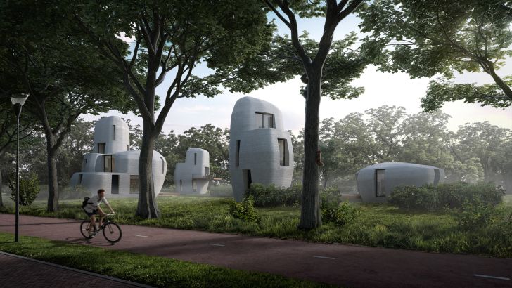 A rendering of boulder-like homes in the middle of a field