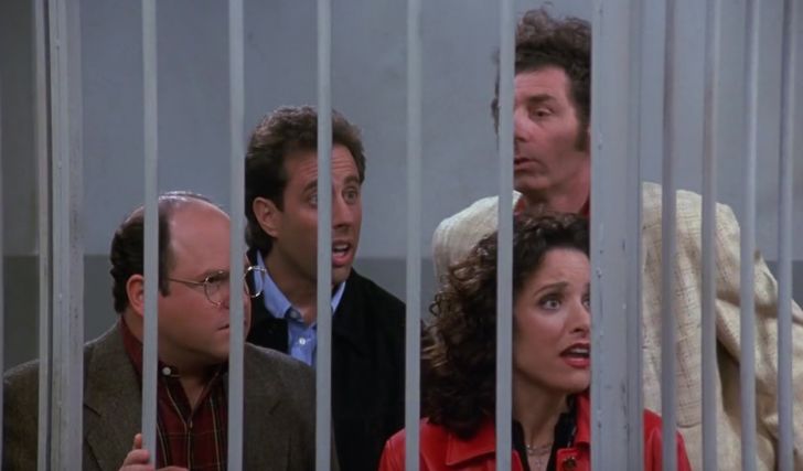 Julia Louis-Dreyfus, Jerry Seinfeld, Jason Alexander, and Michael Richards in Seinfeld's "The Finale"
