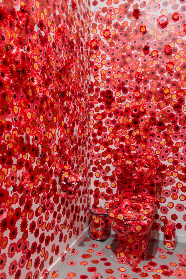 A flower-covered toilet