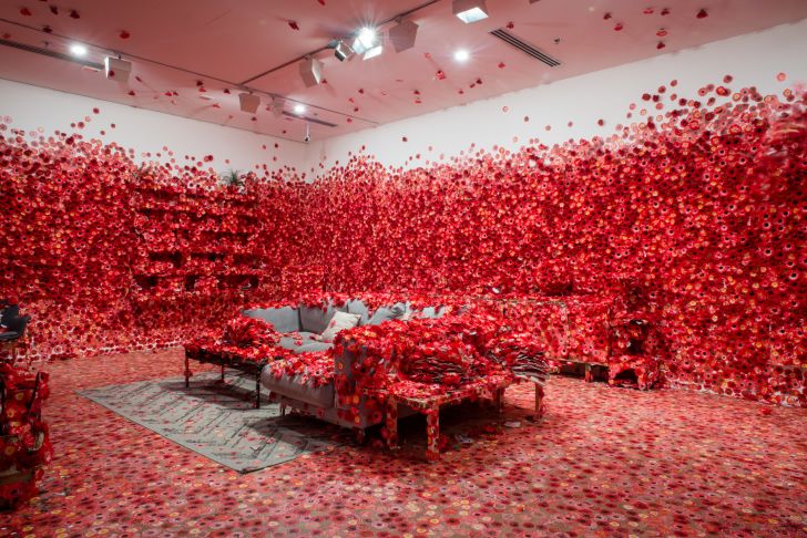 A living room covered in flowers