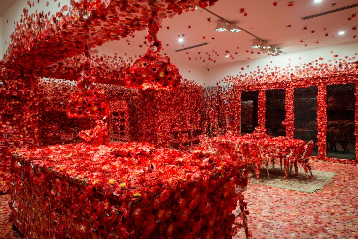 A kitchen covered in flowers