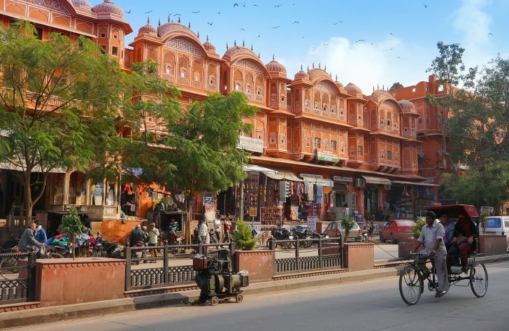 A row of pink buildings in Jaipur