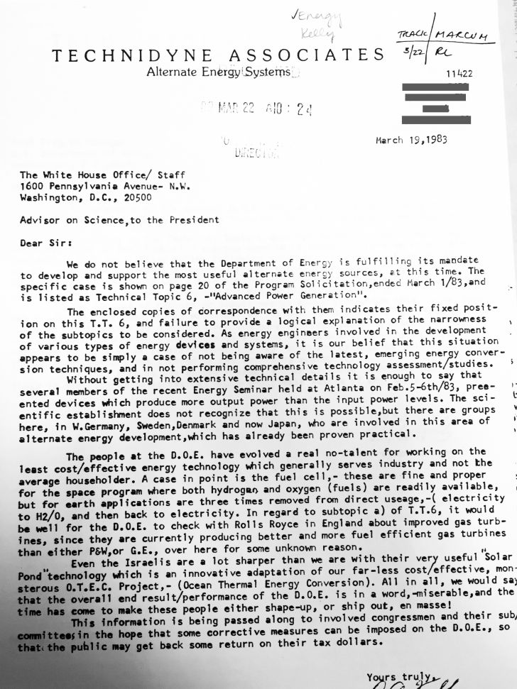 Letter addressed to the White House science advisor from Technidyne Letter addressed to the White House science advisor from Technidyne