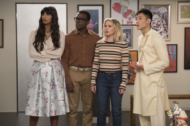 Jameela Jamil, William Jackson Harper, Kristen Bell, and Manny Jacinto in 'The Good Place'