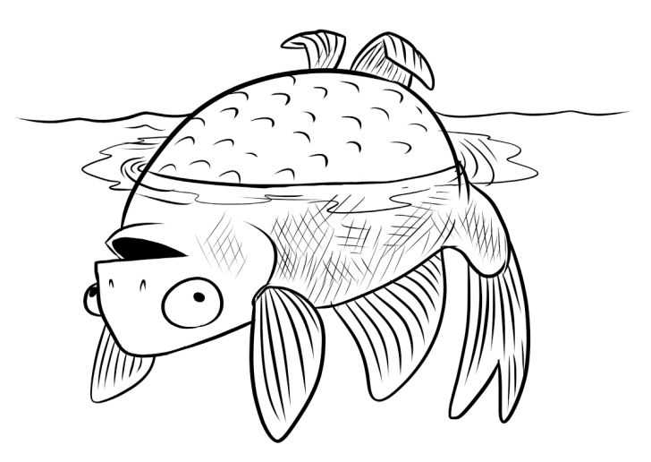 A black-and-white illustration of a fish floating upside down on the surface of the water