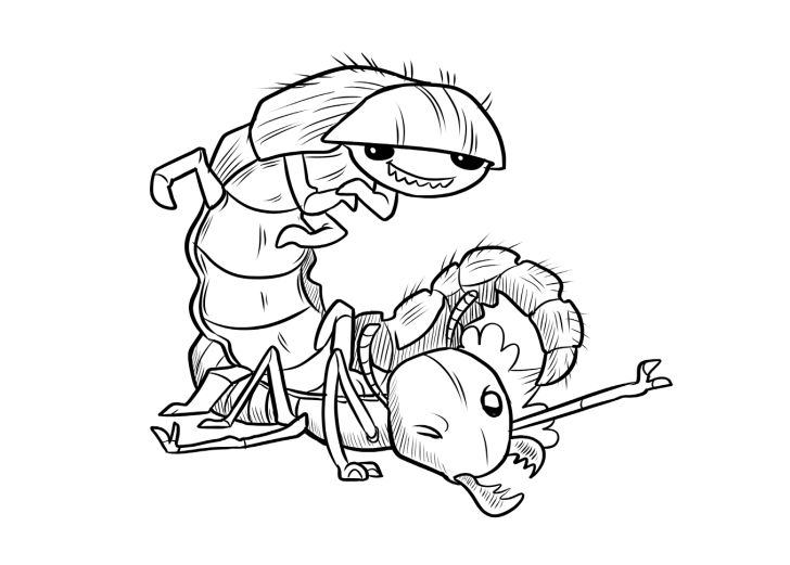 A black-and-white illustration of a beaded lacewing standing triumphantly over a prone termite