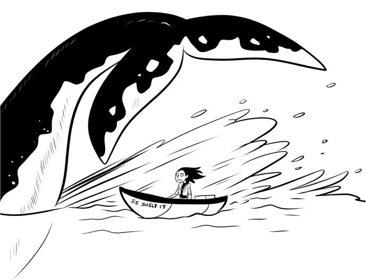 A black-and-white illustration of a whale farting above water while a woman on a boat speeds behind it