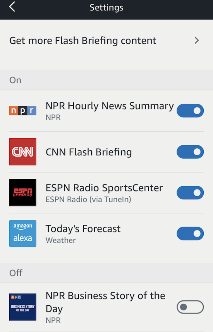Amazon Alexa flash briefing menu