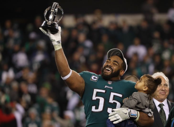 Brandon Graham #55 of the Philadelphia Eagles celebrates his teams win over the Minnesota Vikings with the George Halas Trophy after the NFC Championship game at Lincoln Financial Field on January 21, 2018