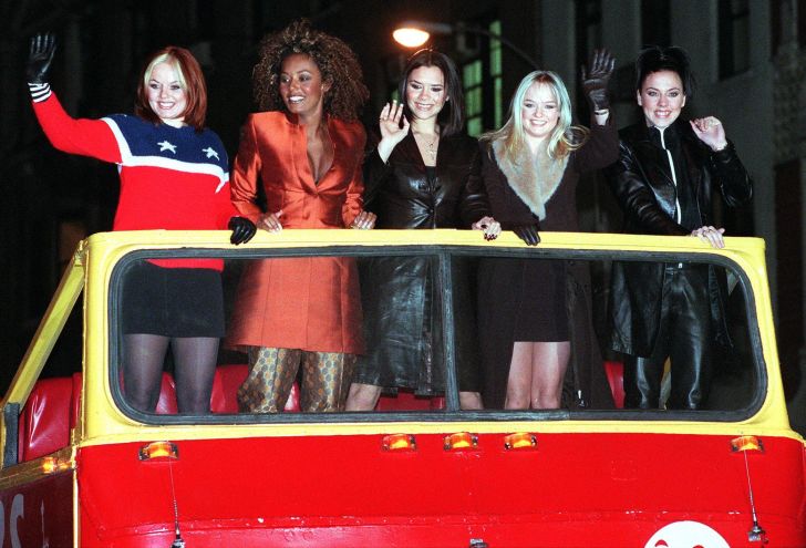 The Spice Girls arrive atop a double decker bus for a screening of their new movie 'Spice World' in New York.