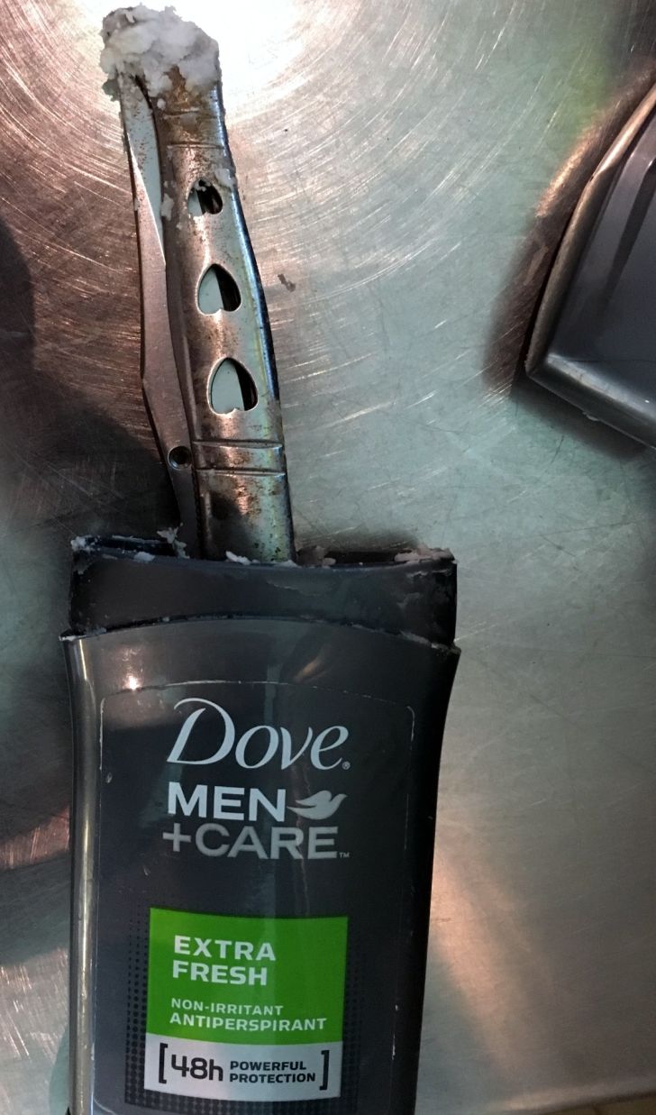A knife hidden inside a deodorant container, discovered by the TSA in 2017