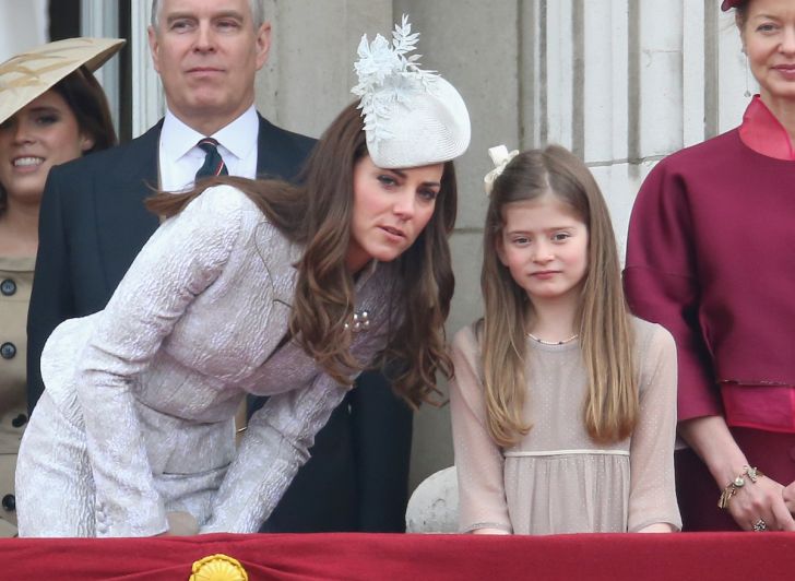 Catherine, Duchess of Cambridge chats to Estella Taylor on the balcony during Trooping the Colour - Queen Elizabeth II's Birthday Parade, at The Royal Horseguards on June 14, 2014 in London, England