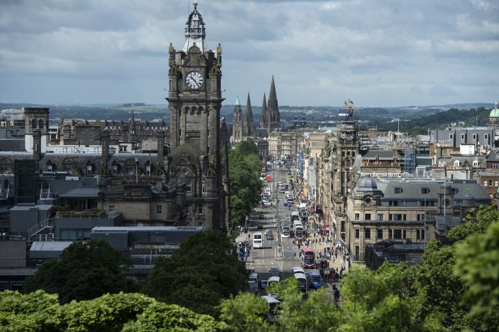 Princes Street pictured from Calton Hill in the center of Edinburgh, Scotland