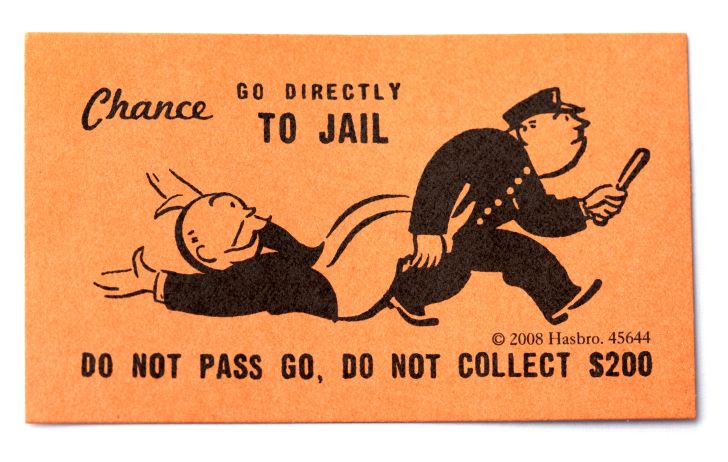 An orange card that says "Go directly to jail" and shows an illustrated police officer dragging a mustachioed man away.