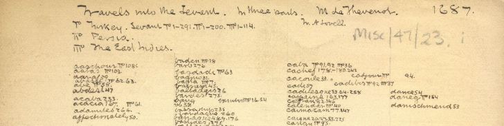 Minor's index for 1687 book The Travels of Monsieur de Thevenot into the Levant, which includes keywords such as acacia and dance.